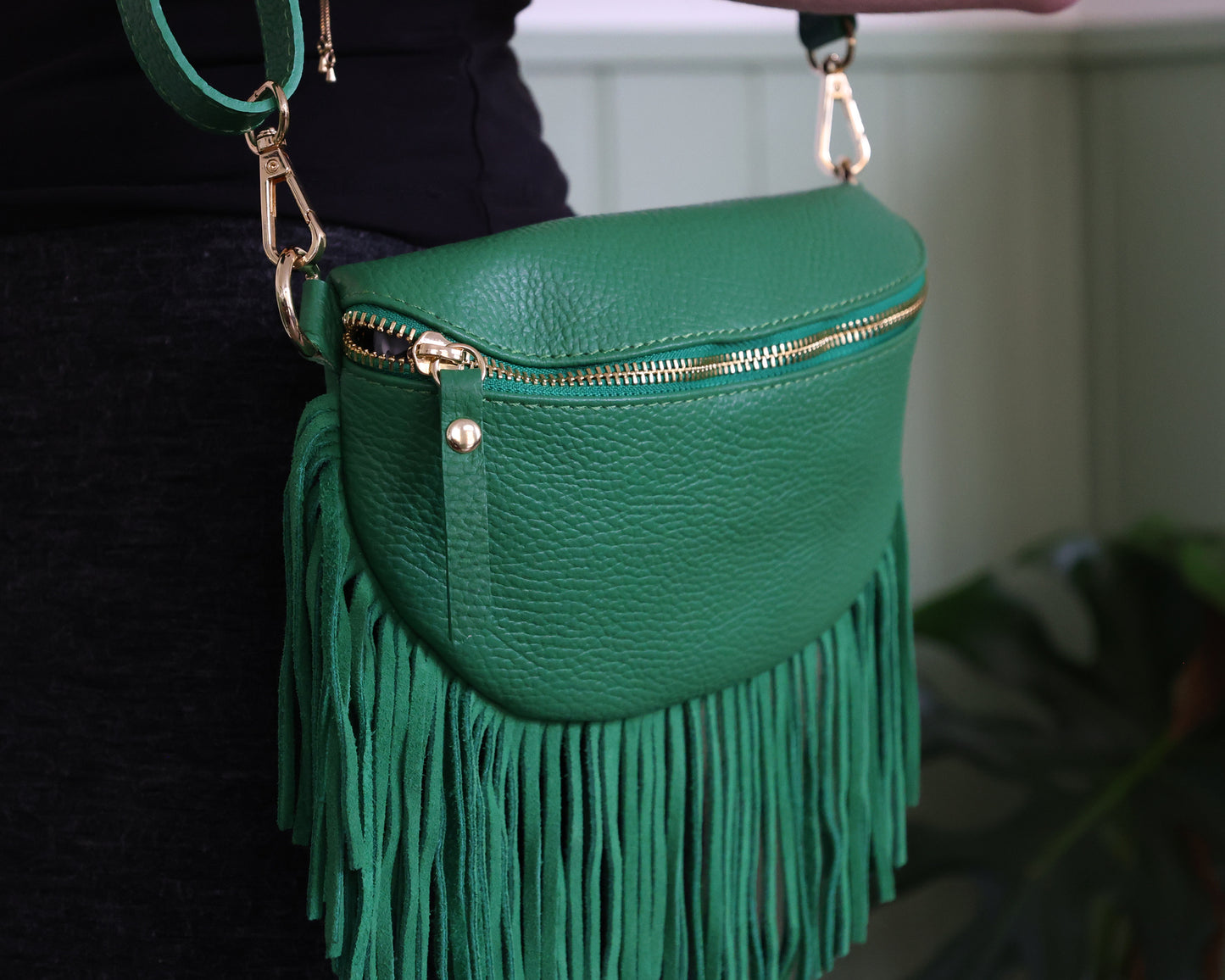 Romy Green Leather Half Moon Fringed Bag