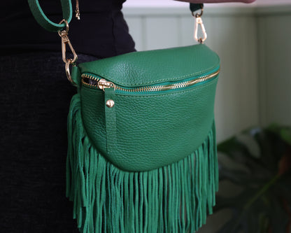 Romy Green Leather Half Moon Fringed Bag