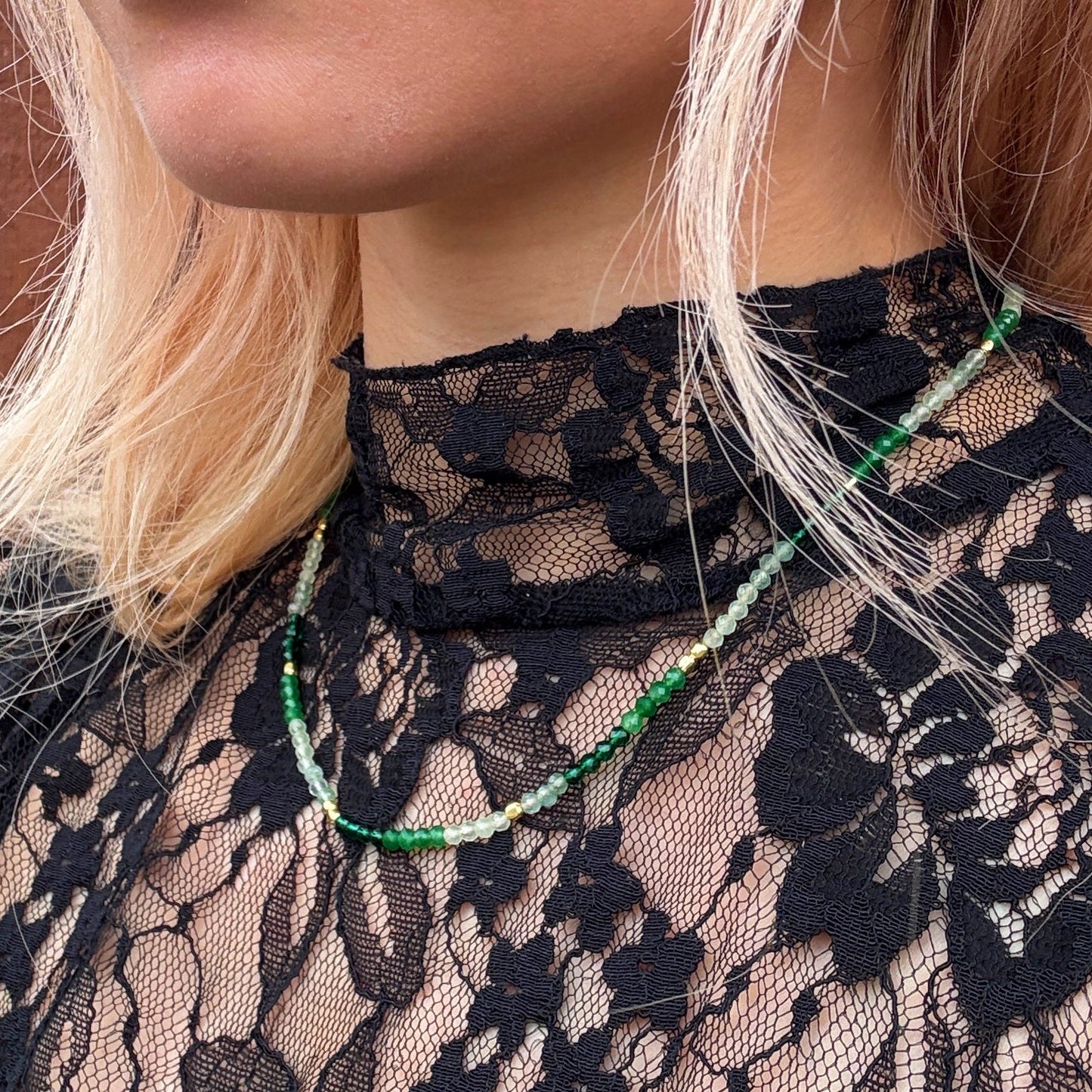 Milos Mixed Gemstone Beaded Necklace: Prehnite, Moss Agate & Green Aventurine