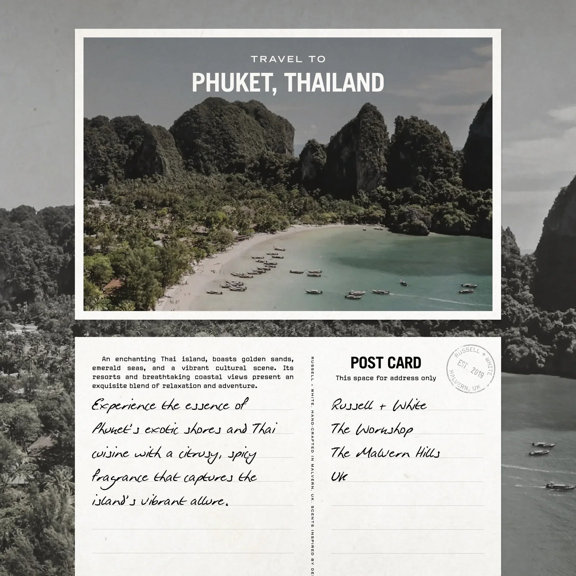Postcard design with a scenic view of Phuket, Thailand, featuring a beach and mountains.