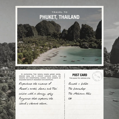 Postcard design with a scenic view of Phuket, Thailand, featuring a beach and mountains.