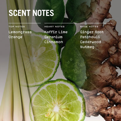 Scents of lemongrass, orange, kaffir lime, geranium, cinnamon, ginger root, patchouli, cedarwood, and nutmeg with corresponding notes.