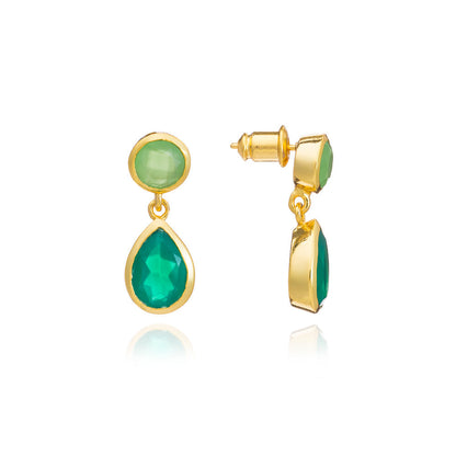 Gold Double Gemstone Drop Earrings: Green Onyx & Prenhite