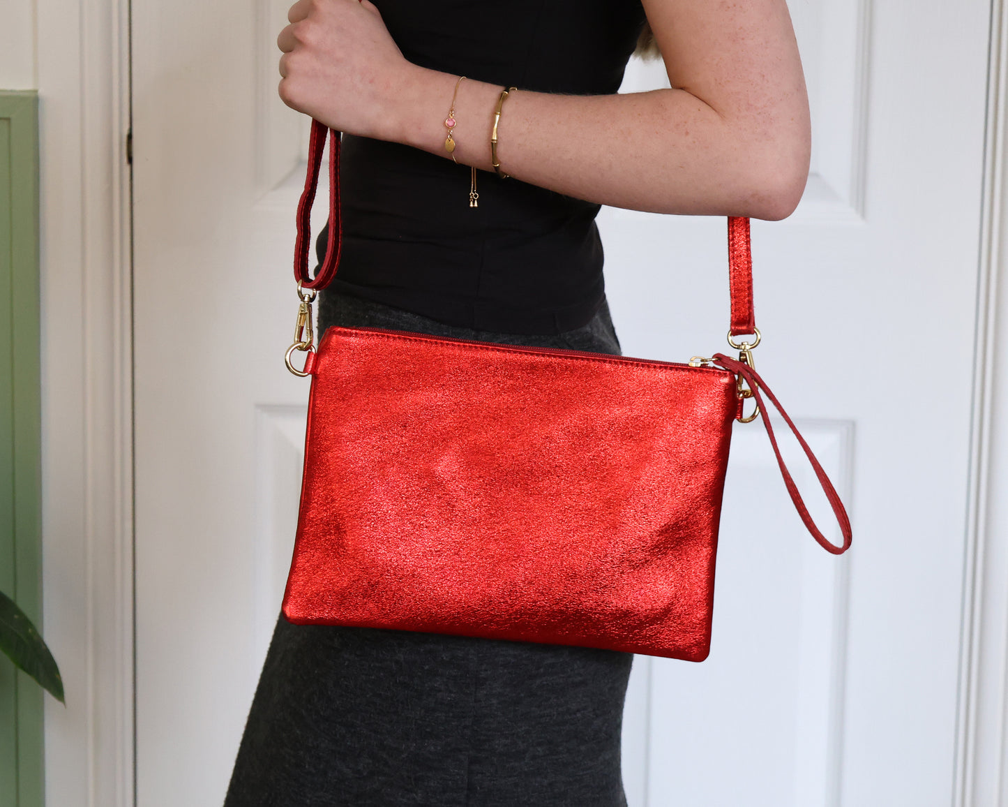 Scarlet Metallic Leather Wristlet