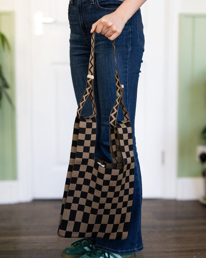 Black & Mocha Checked Stretchy Knitted Tote – Stylish And Expandable