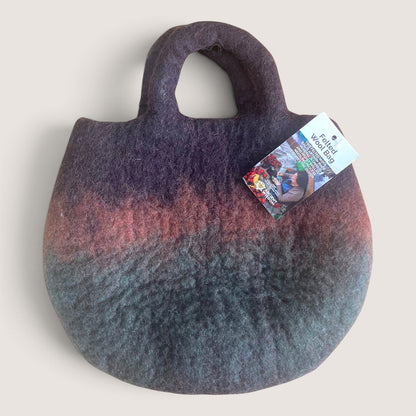 Back of the Fairy Garden Felted Bag in plain shaded brown, plum and green felt with an Ancient Wisdom hang tag