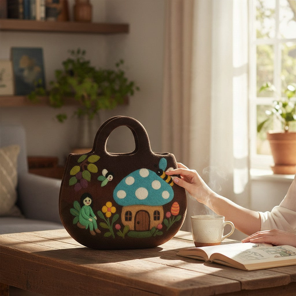 Fairy Garden Felted Bag on a wooden table in a sunny living room beside a cup of tea and an open book