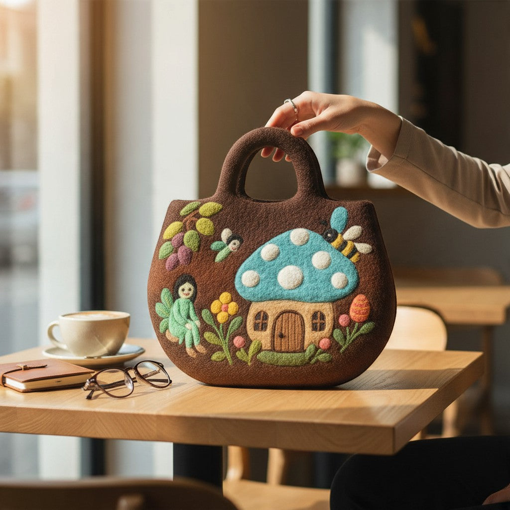 Fairy Garden Felted Bag held by its handle on a café table beside a cappuccino, a leather notebook and glasses