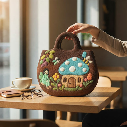 Fairy Garden Felted Bag held by its handle on a café table beside a cappuccino, a leather notebook and glasses