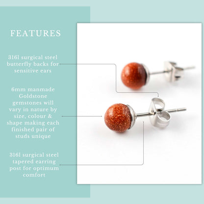 Marble stone stud earrings with silver posts on a light blue background, featuring text about material and care.