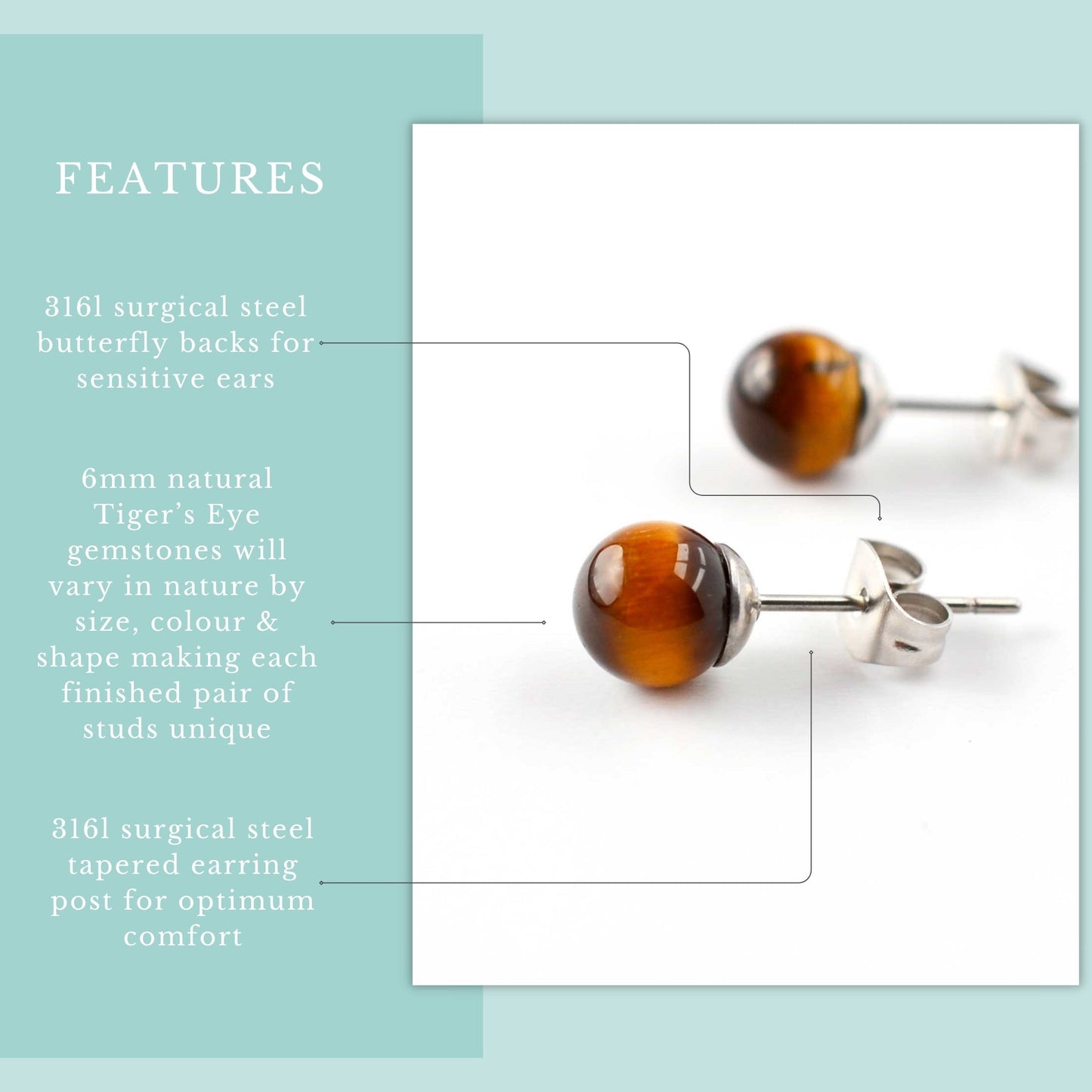 Tiger's Eye stud earrings with features listed on a light blue background