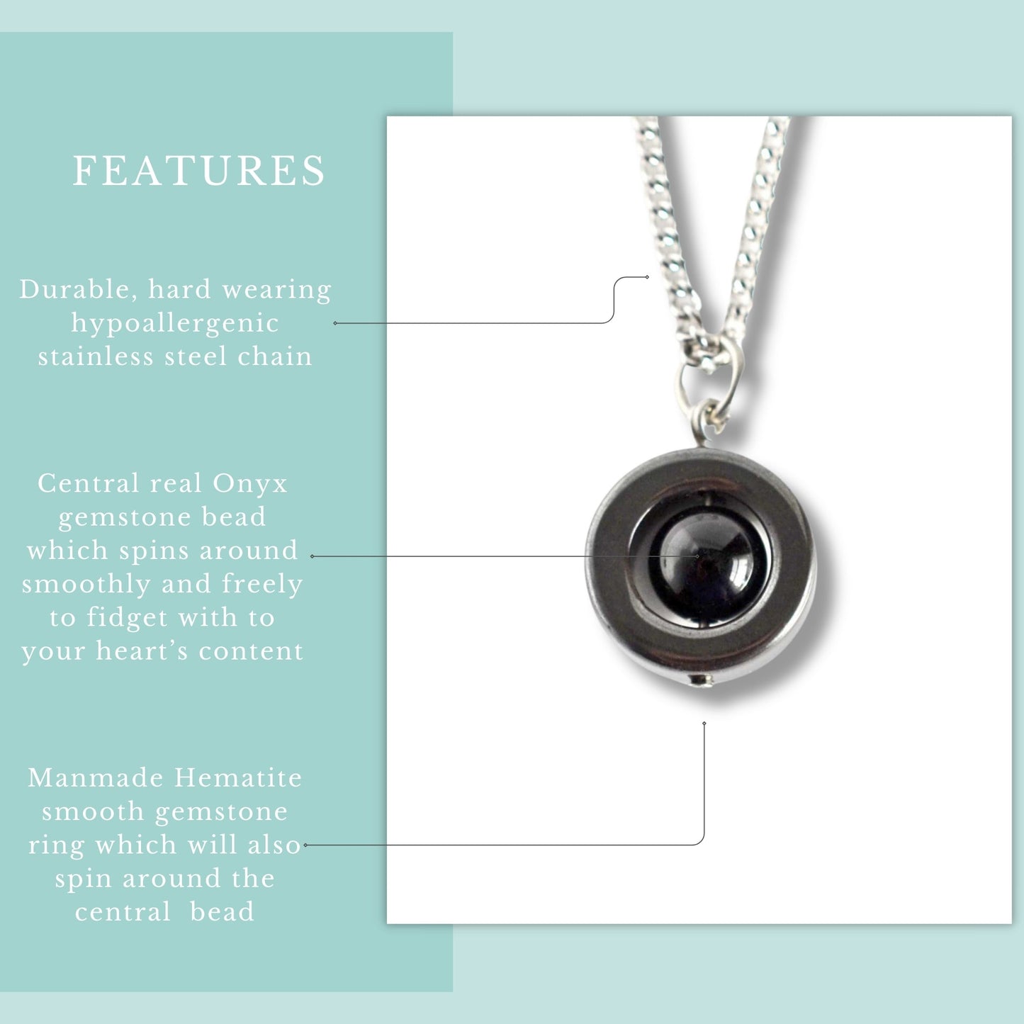 Necklace with central onyx gemstone bead and hypoallergenic stainless steel chain on a light blue background.