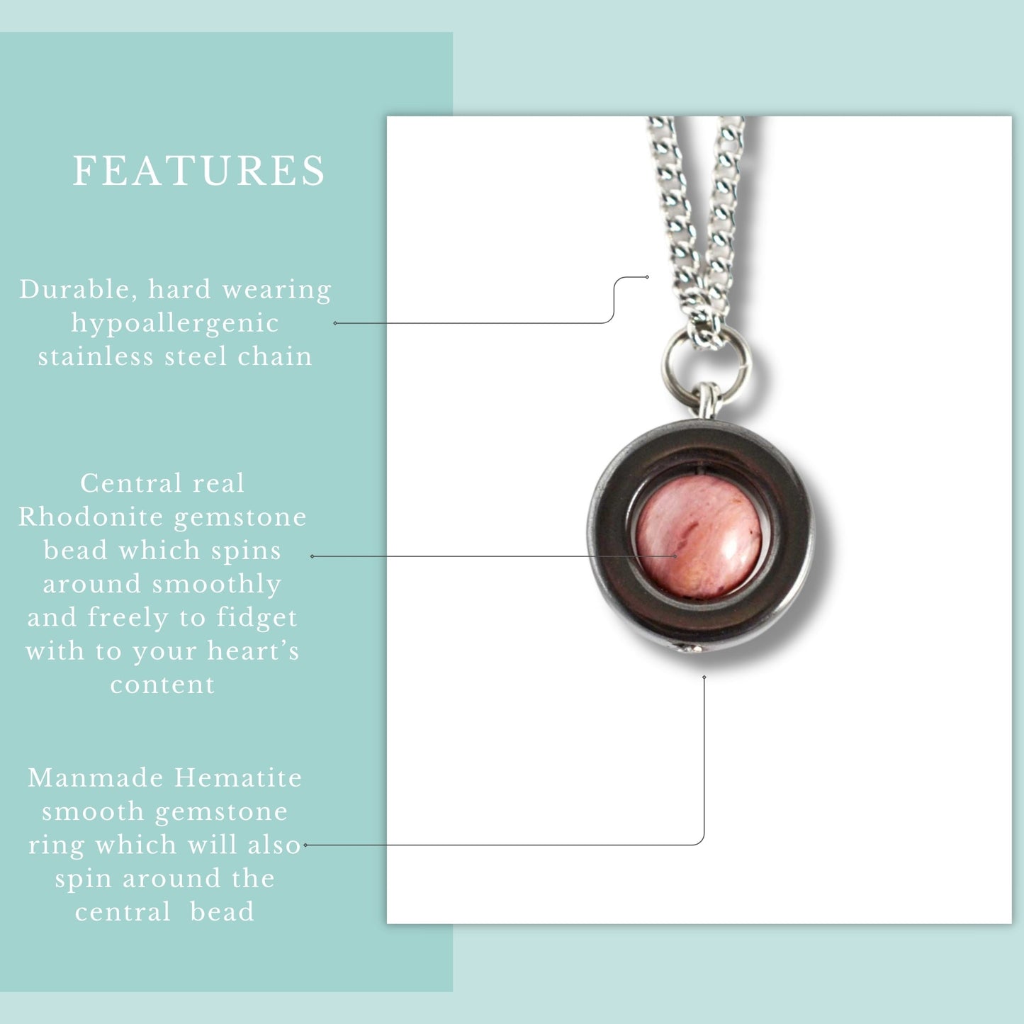 Necklace with central rhodochrosite gemstone bead and manmade hematite ring on a light blue background