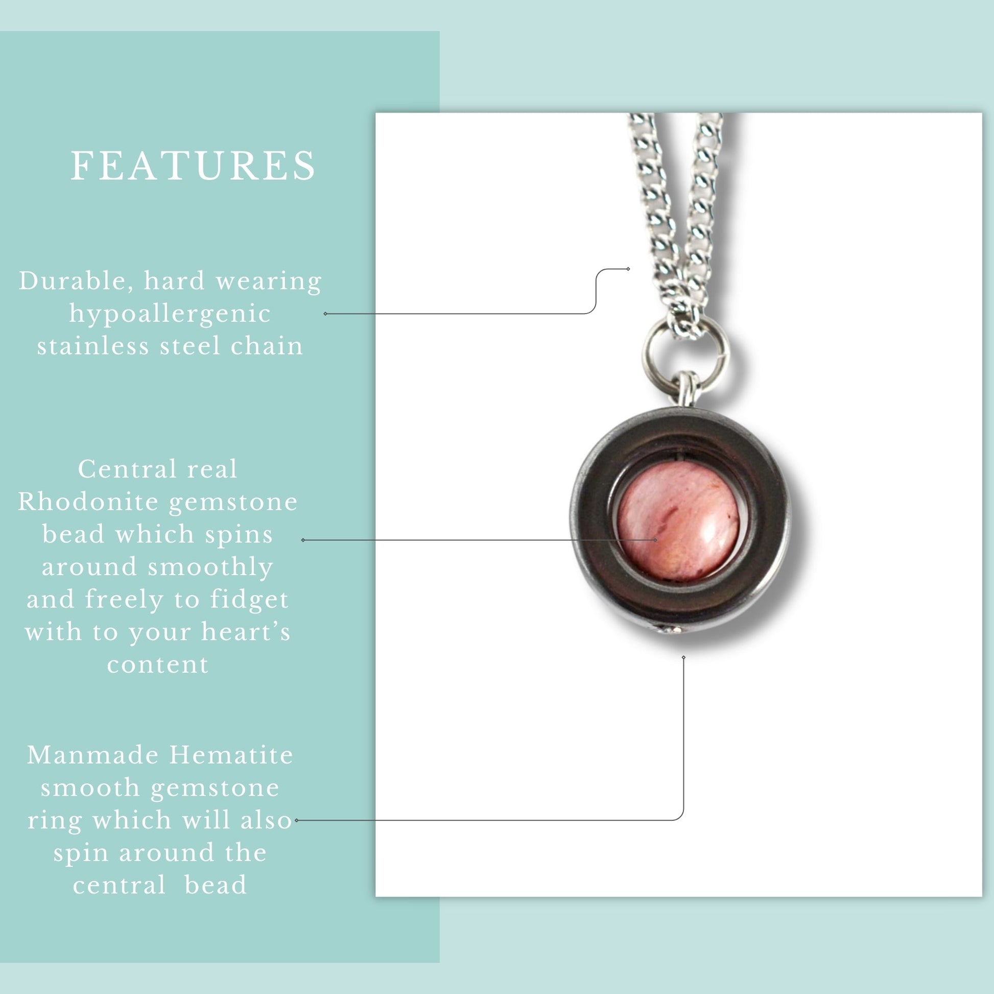 Necklace with central rhodochrosite gemstone bead and manmade hematite ring on a light blue background