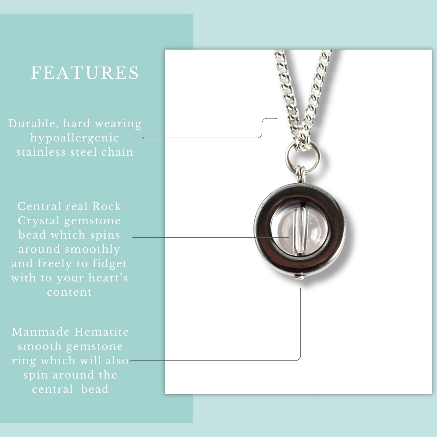 Necklace with central rock crystal gemstone bead and manmade hematite smooth gemstone ring on a light blue background.
