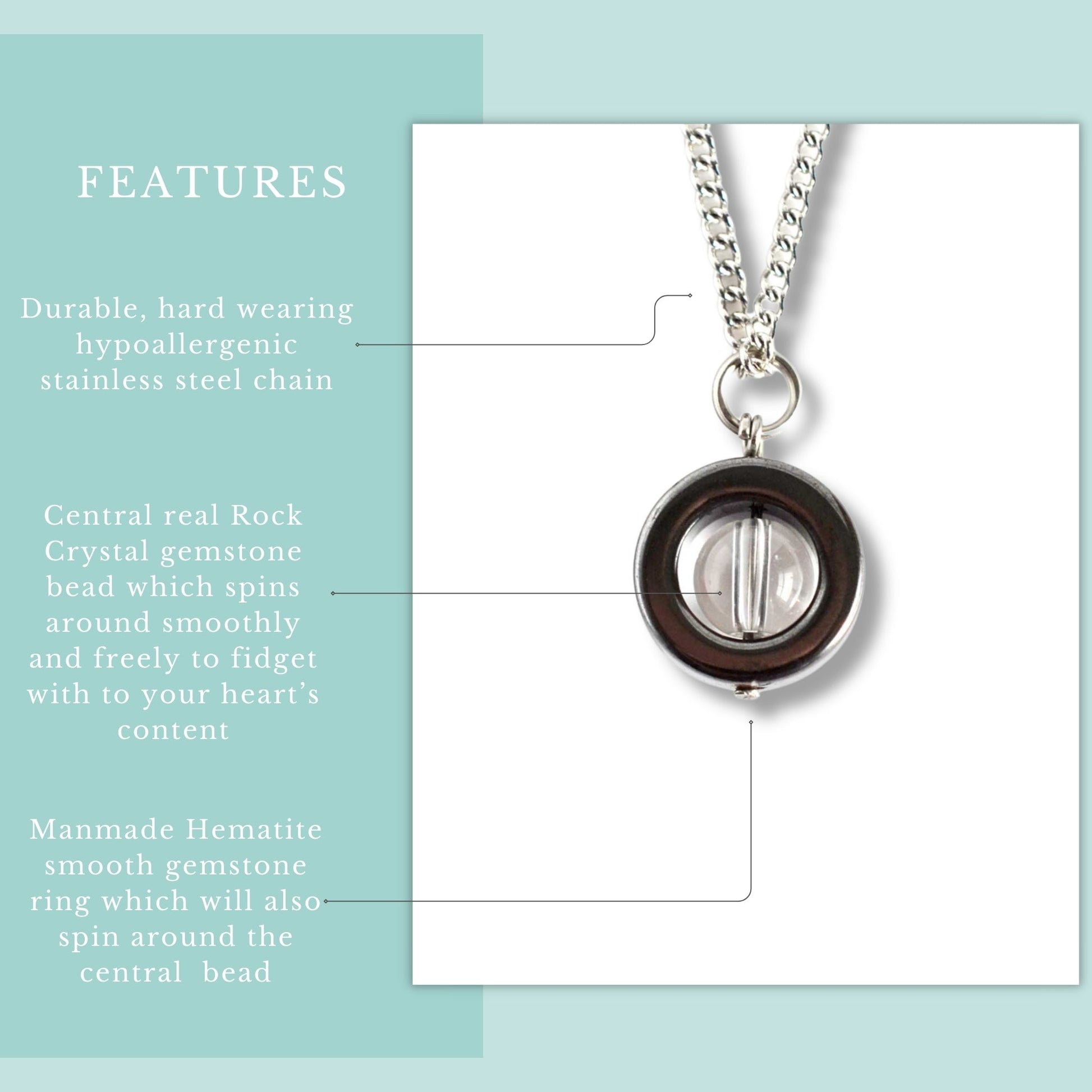 Necklace with central rock crystal gemstone bead and manmade hematite smooth gemstone ring on a light blue background.