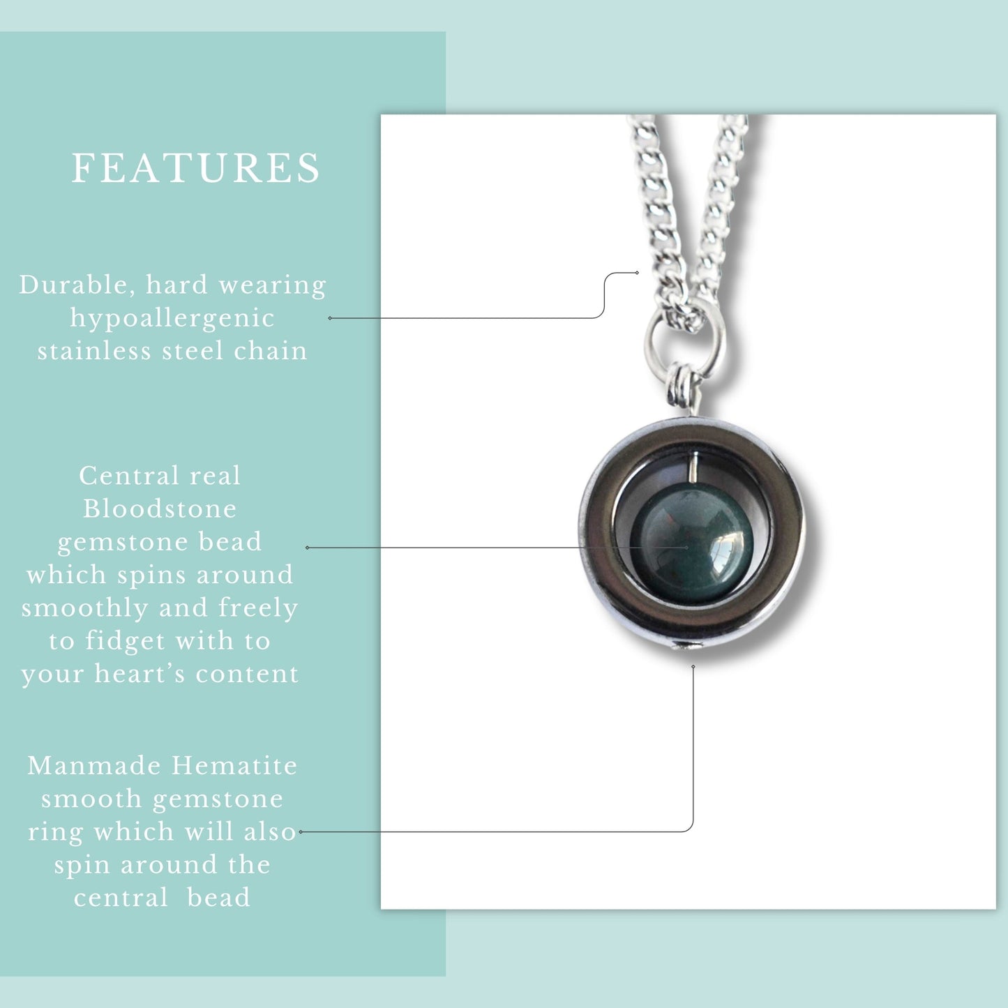 Necklace with central bloodstone gemstone bead and manmade hematite smooth gemstone ring on a light blue background.