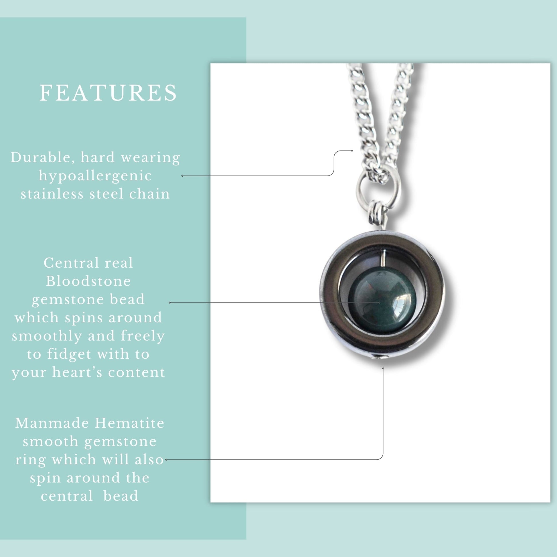 Necklace with central bloodstone gemstone bead and manmade hematite smooth gemstone ring on a light blue background.
