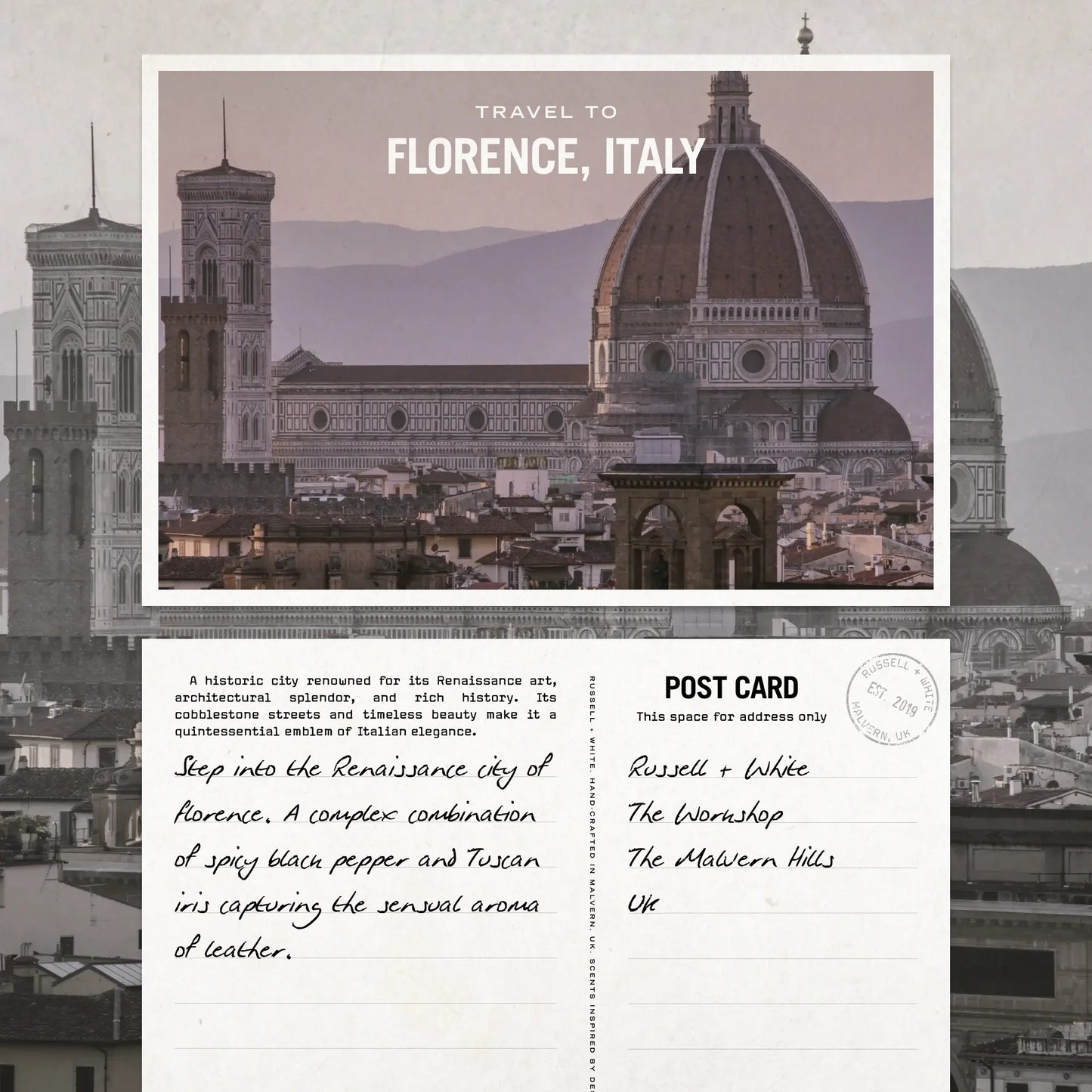 Postcard design with Florence, Italy skyline and text.