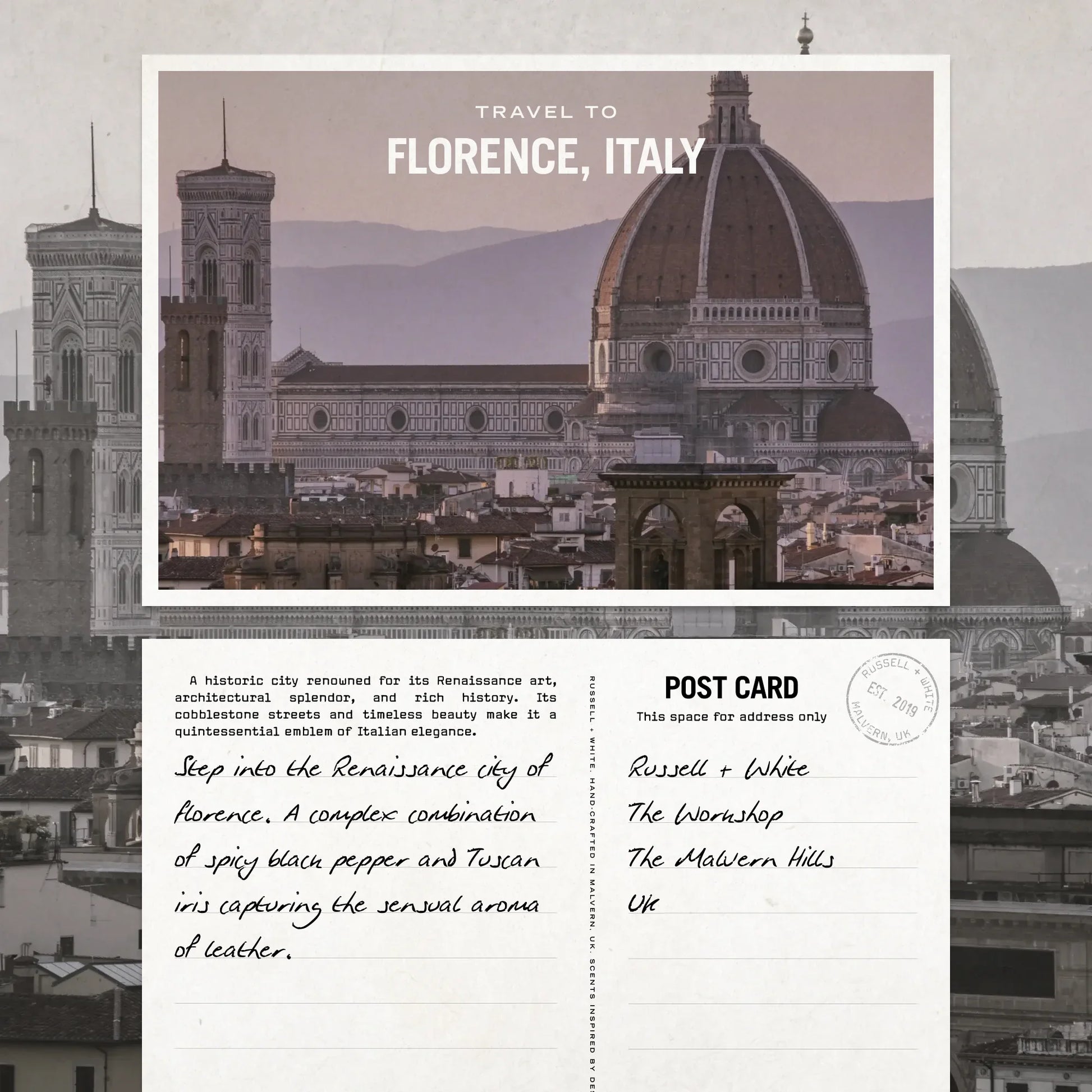 Postcard design with Florence, Italy skyline and text.