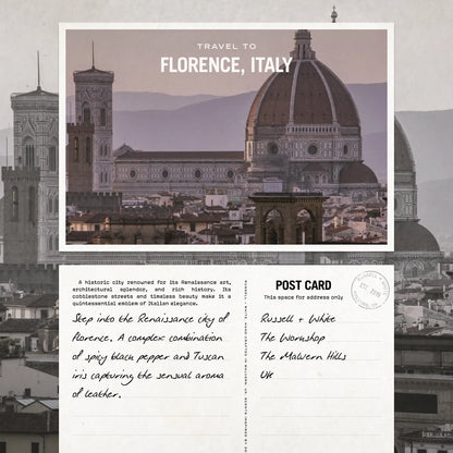 Postcard design with Florence, Italy skyline and text.