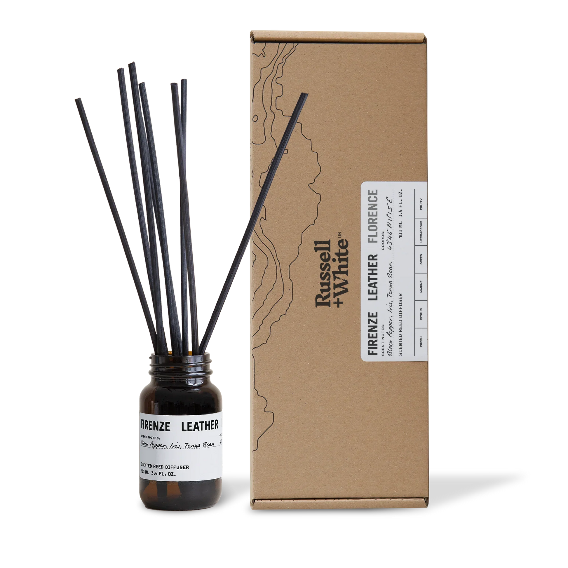 Diffuser bottle with black sticks and cardboard box labeled 'Firenze Leather' by Russell & White on a white background.