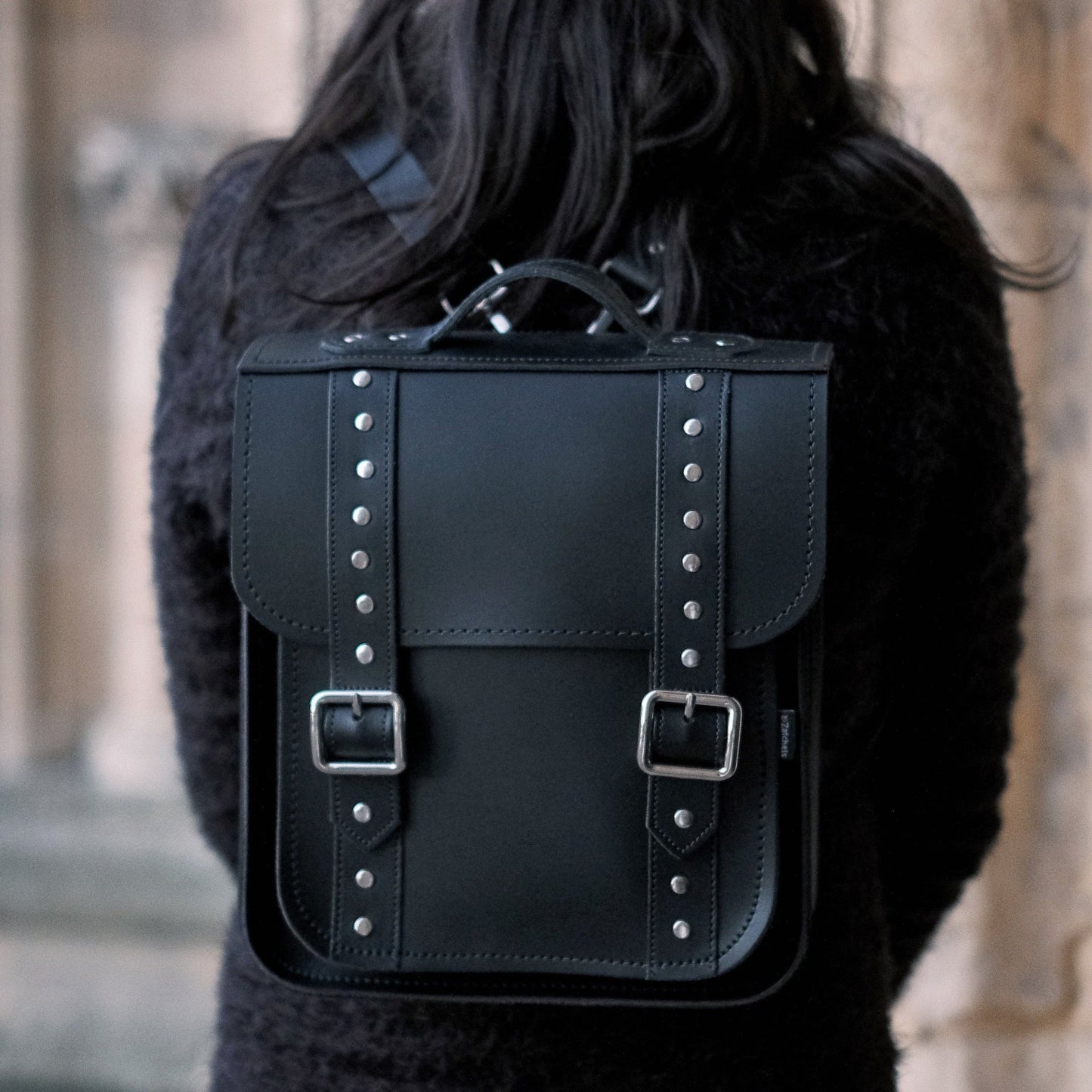 Handmade Leather City Backpack - Studded Black Gothic