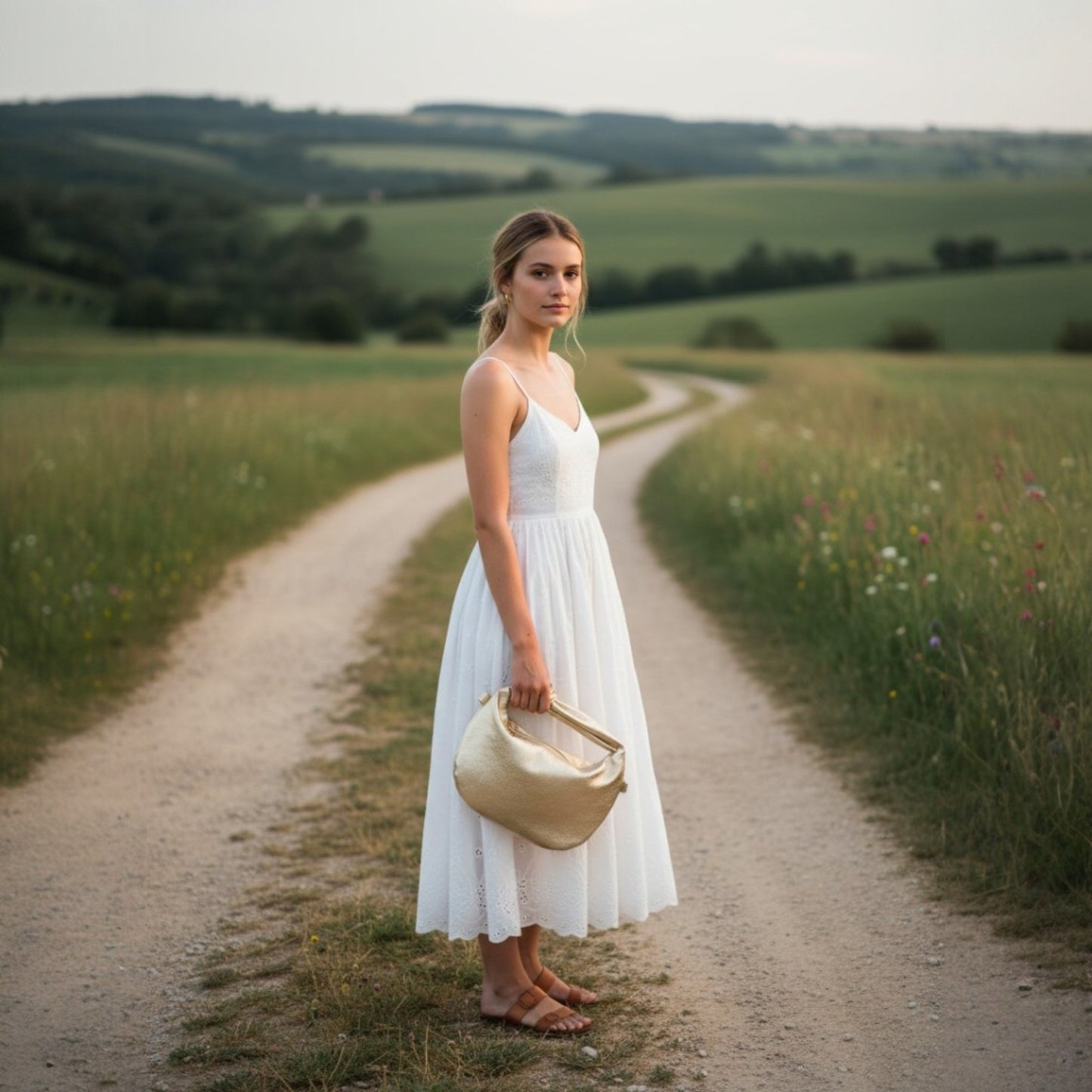 Woman in a white dress standing on a dirt path in a rural landscape