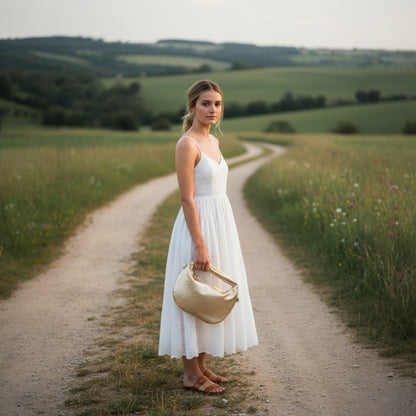 Woman in a white dress standing on a dirt path in a rural landscape
