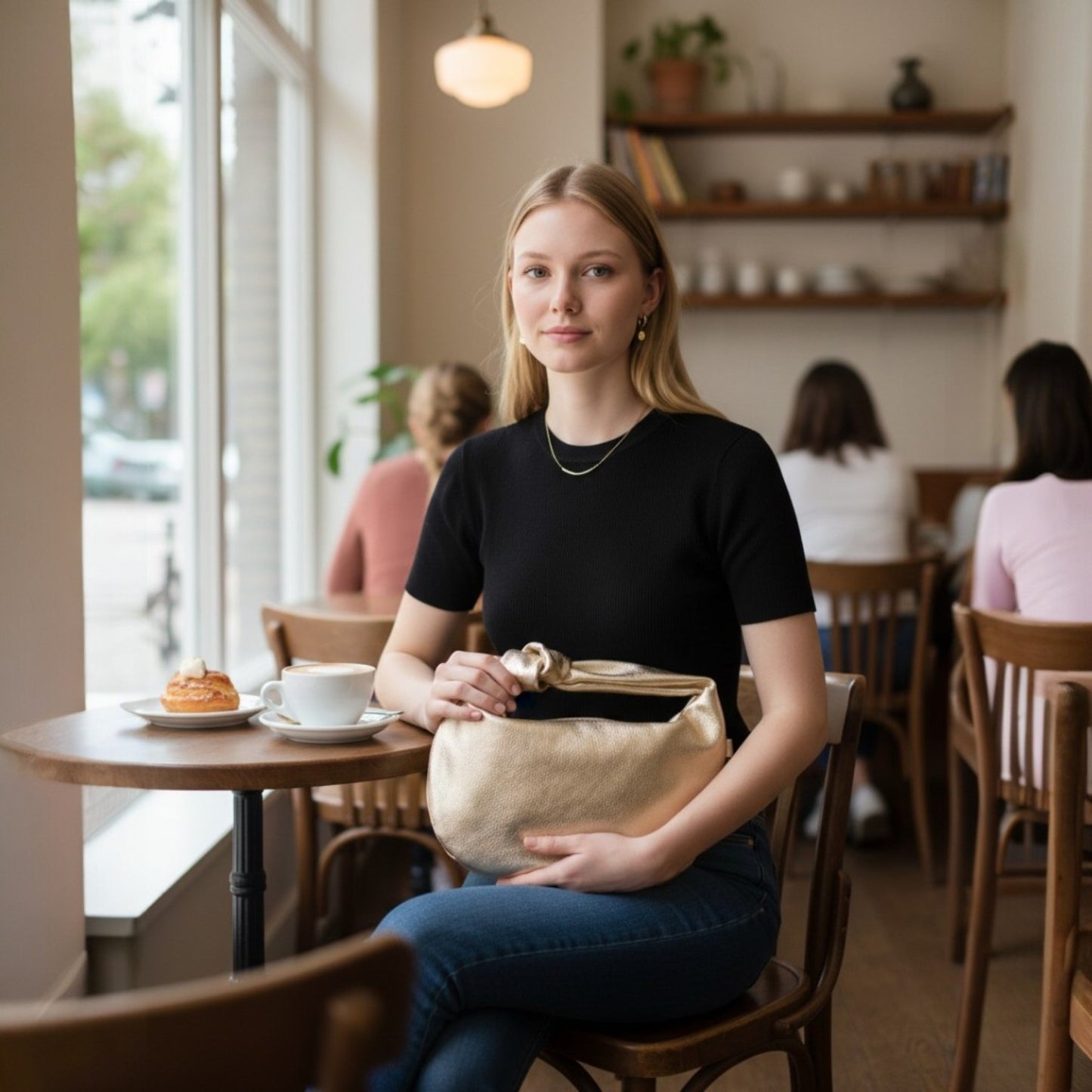 Woman sitting at a cafe table with a bag, surrounded by wooden chairs and tables.