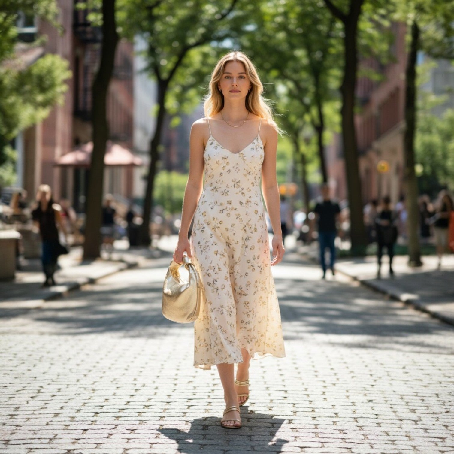 Woman in a floral dress walking on a street with trees and people in the background
