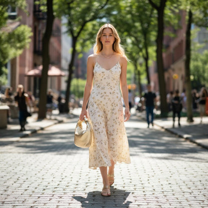 Woman in a floral dress walking on a street with trees and people in the background