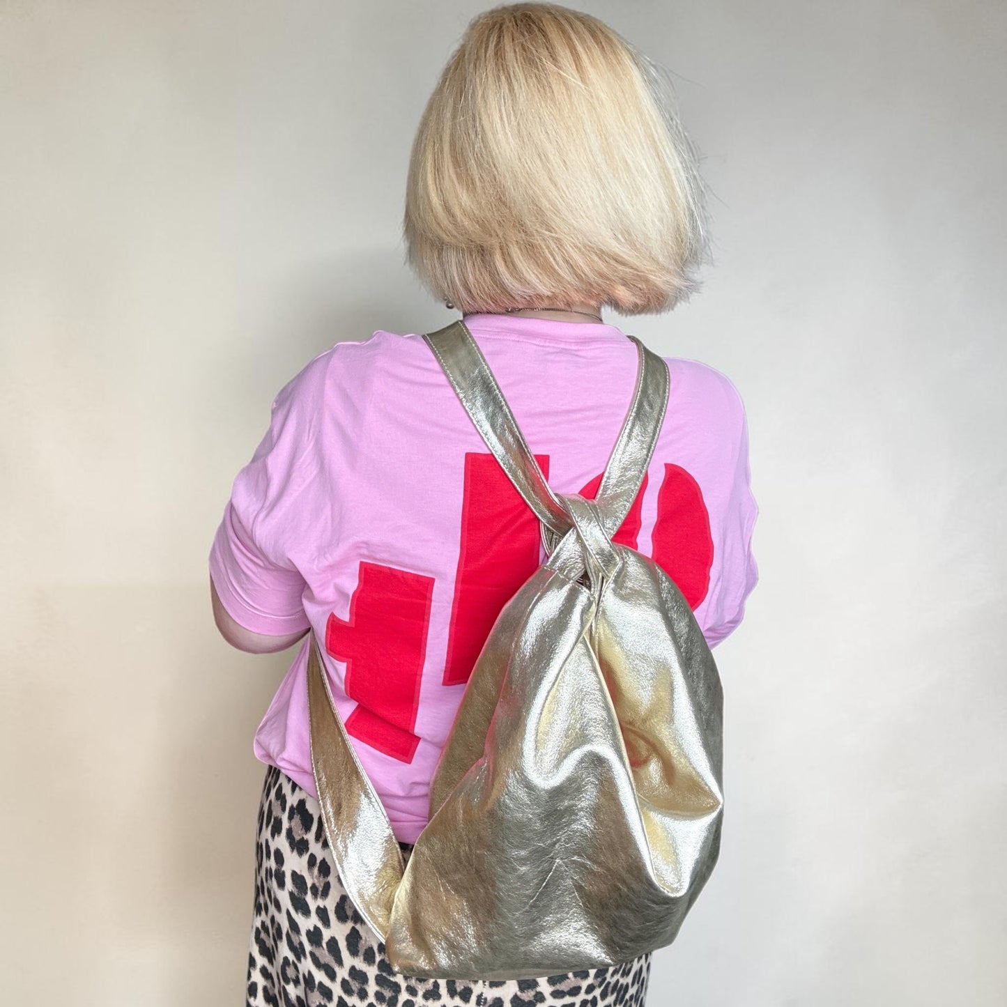 Gold Metallic Italian Leather Convertible Backpack Tote Bag