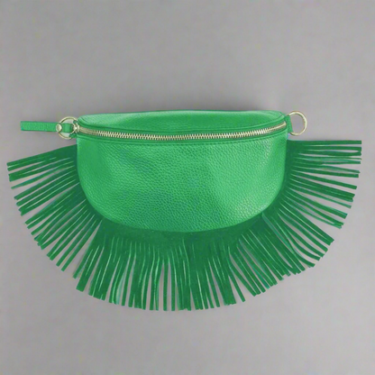 Green Leather Half Moon Fringed Bag