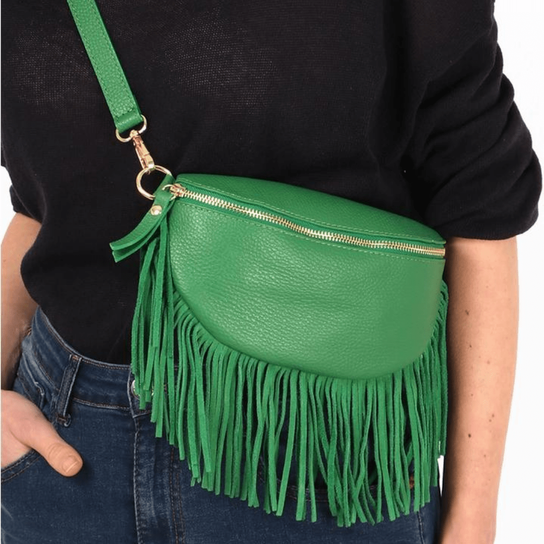 Romy Green Leather Half Moon Fringed Bag