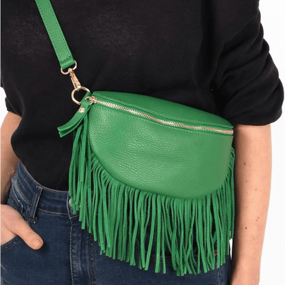 Romy Green Leather Half Moon Fringed Bag