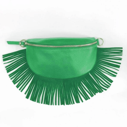 Romy Green Leather Half Moon Fringed Bag