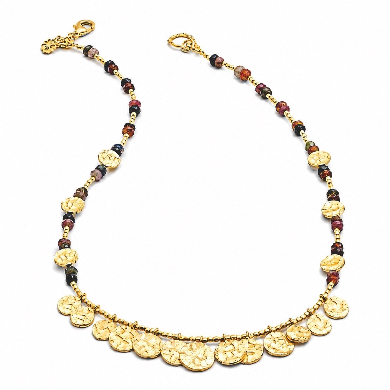 Necklace with gold coins and multicolored beads on a white background