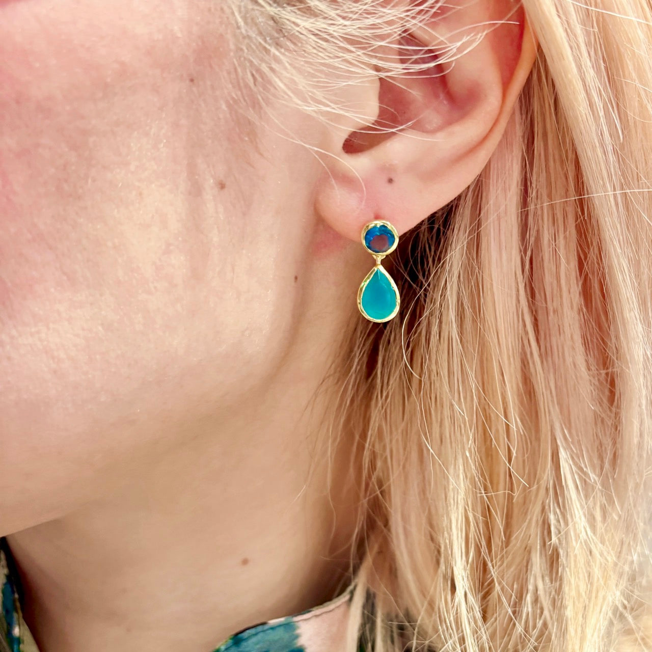 Gold Double Gemstone Drop Earrings: Pariba Onyx & Iolite