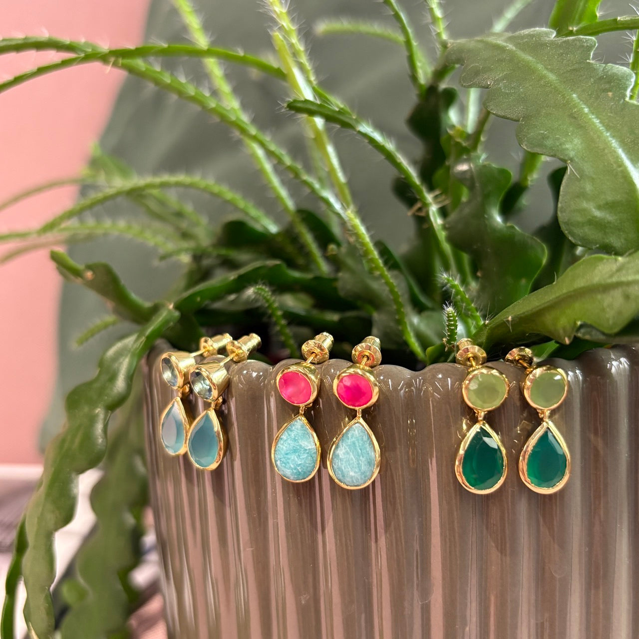 Gold Double Gemstone Drop Earrings: Green Onyx & Prenhite