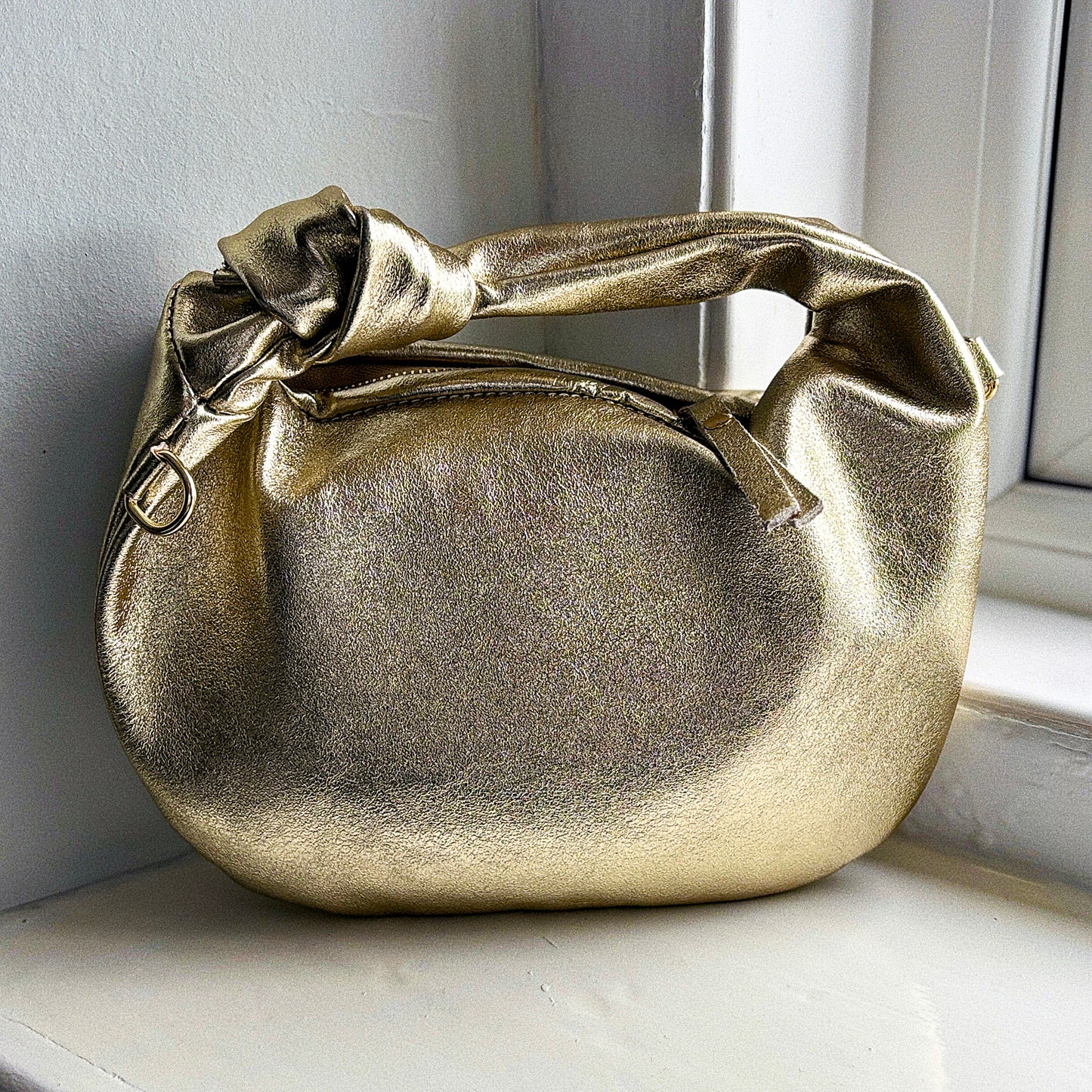 Stella Gold Metallic Italian Leather Knot Handle Hobo Bag