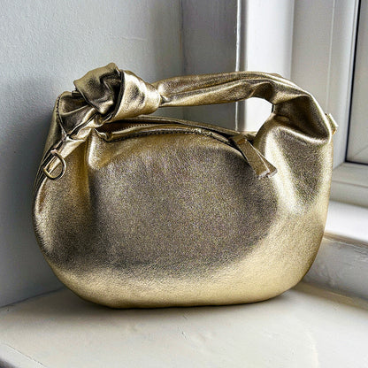 Stella Gold Metallic Italian Leather Knot Handle Hobo Bag