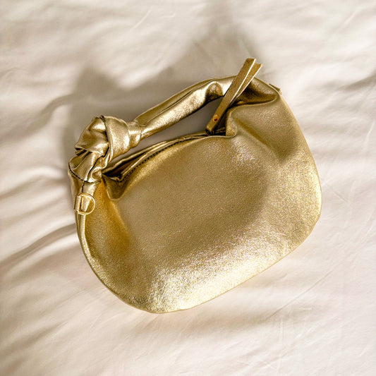 Stella Gold Metallic Italian Leather Knot Handle Hobo Bag