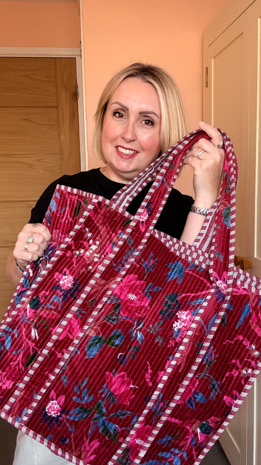 Large Priya Red Velvet Boho Kantha Bag