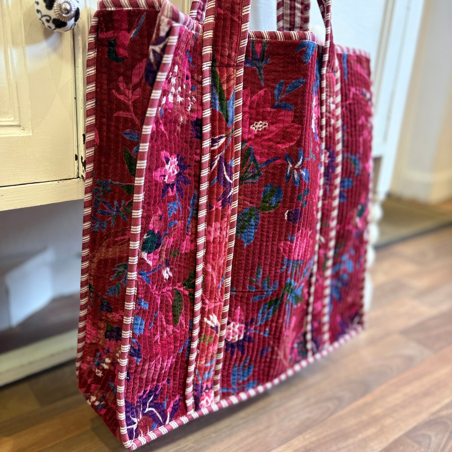 Large Priya Red Velvet Boho Kantha Bag