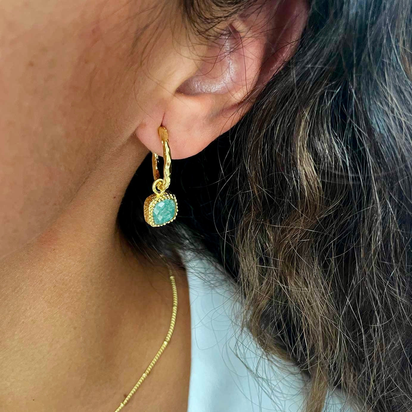 Tetra Square Gemstone Charm Hoops: Amazonite