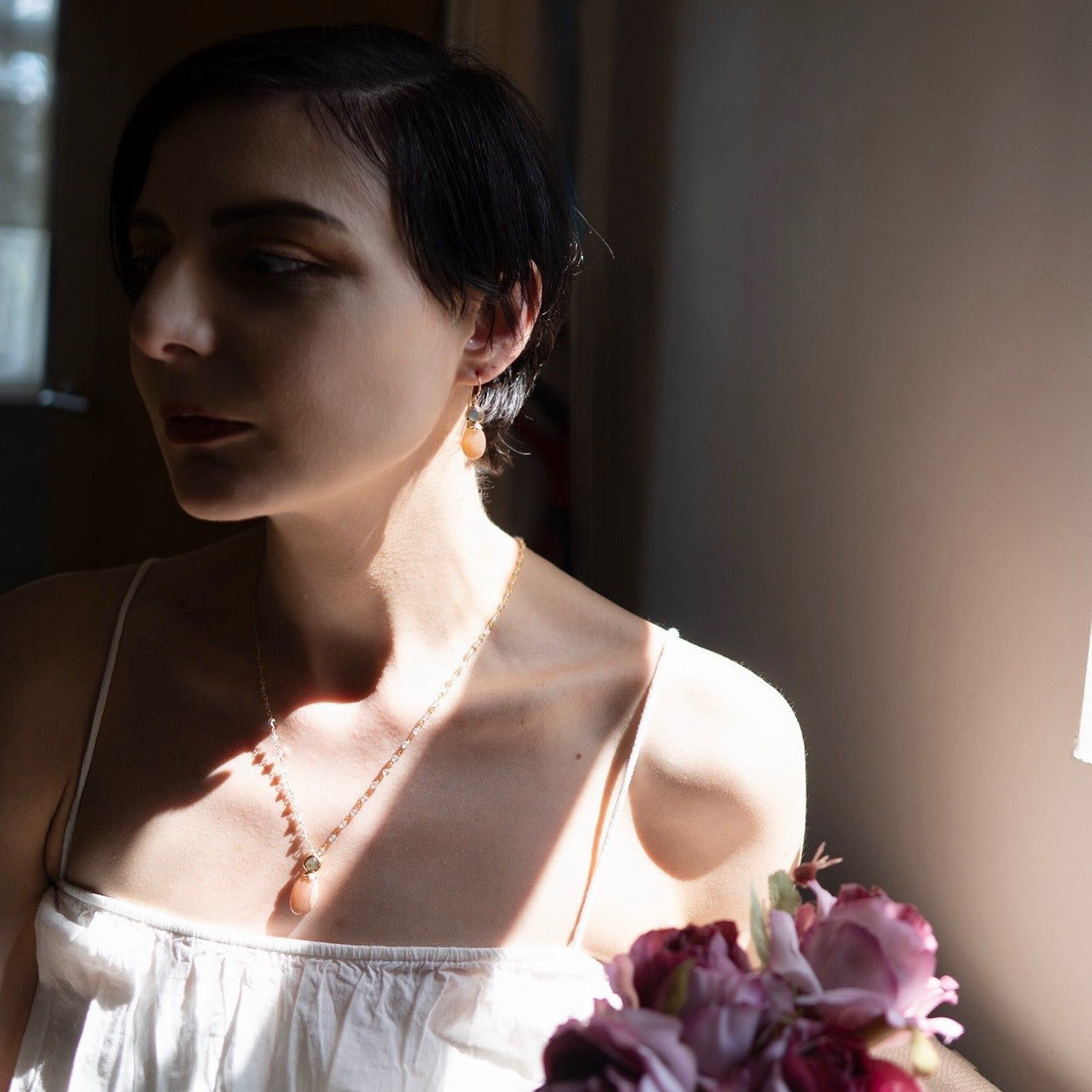 Persephone Double Gemstone Beaded Chain Necklace: Peach Moonstone & Labradorite