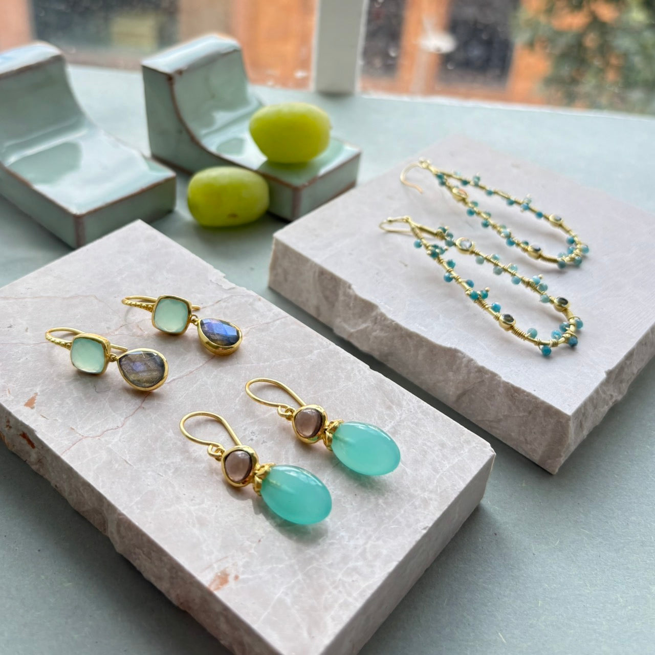 Persephone Double Gemstone Earrings: Pariba Onyx & Smoky Quartz