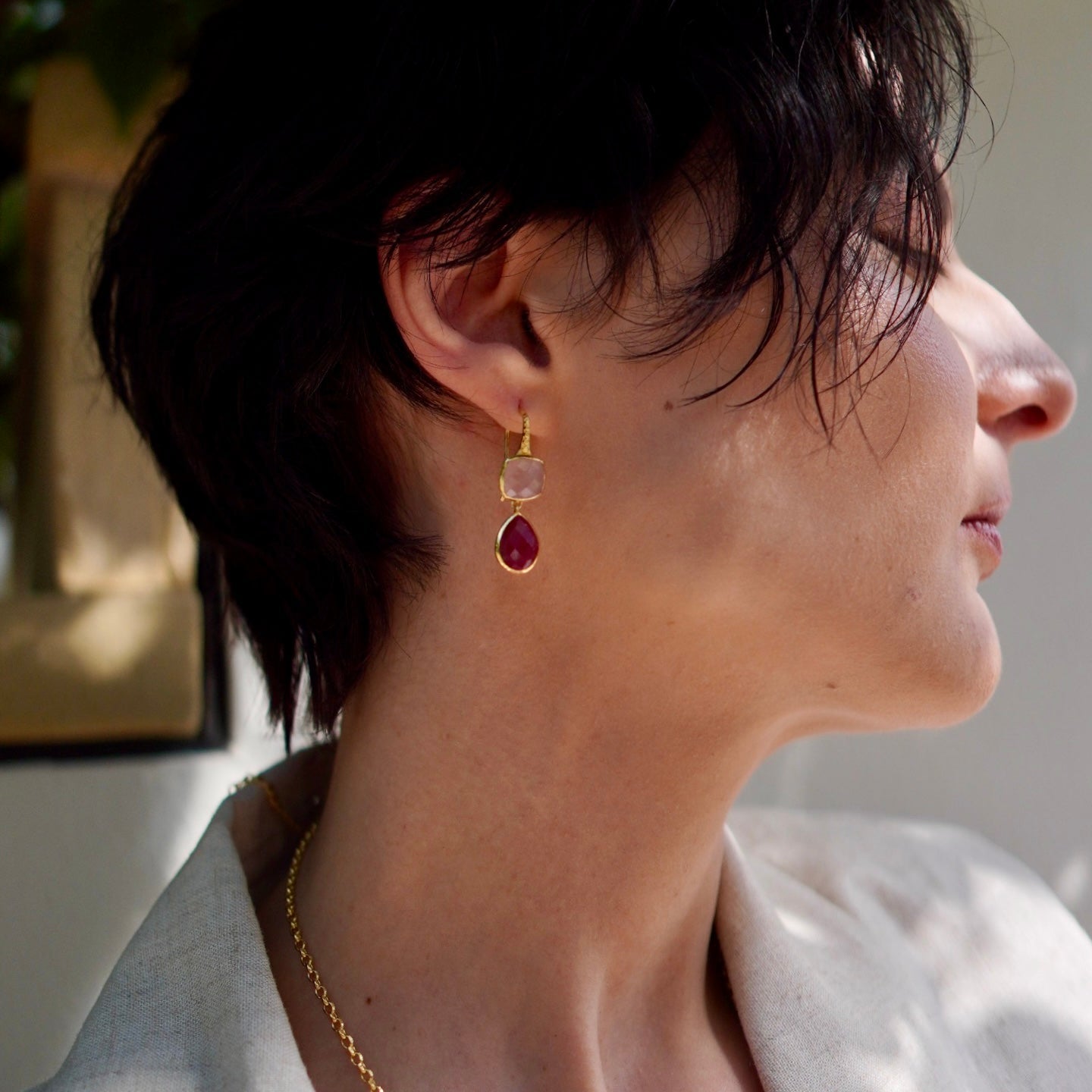 Charis Double Gemstone Earrings: Rose Quartz & Ruby