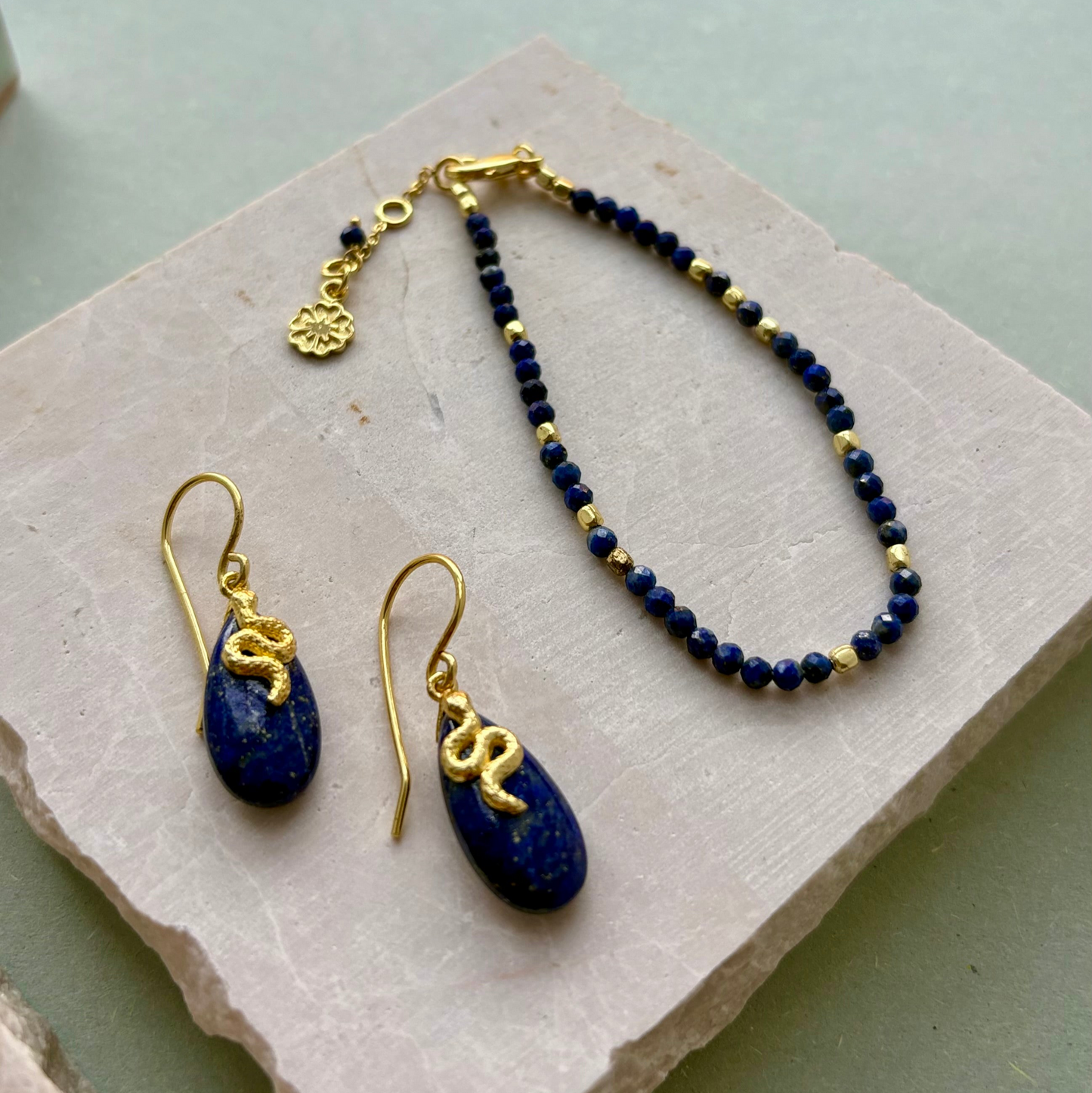 Milos Gemstone and Gold Bead Bracelet: Lapis